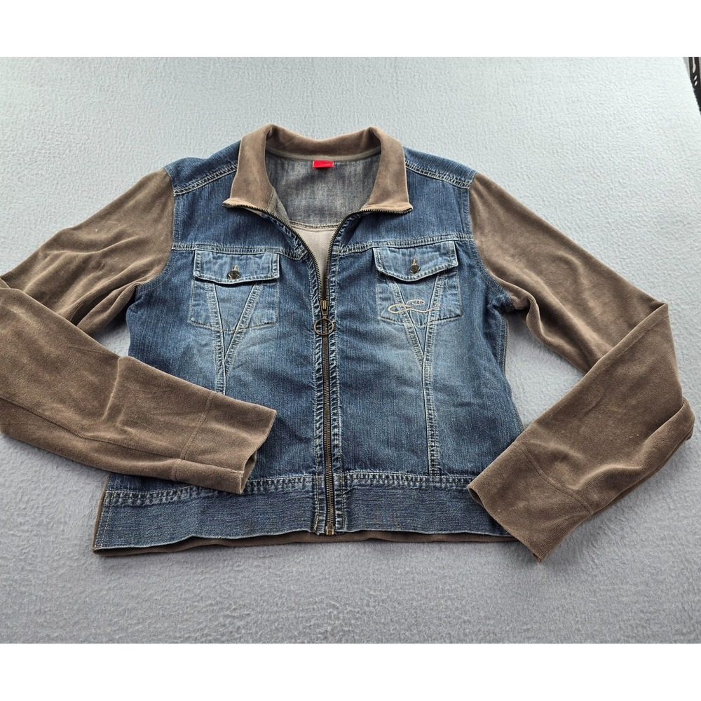 Esprit Jacket Women Blue Brown Two Tone Denim Long Sleeve Chest Pockets Full Zip
